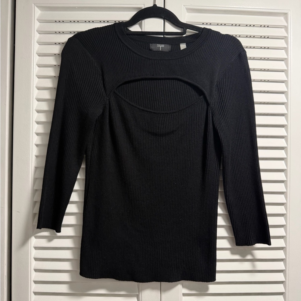 T Tahari Black Ribbed Cutout Sweater